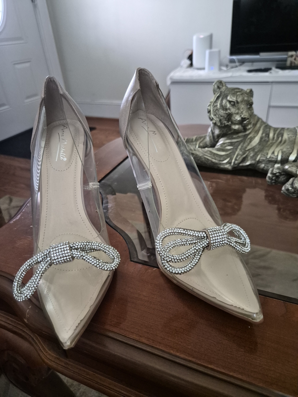 Fashion Nova Clear Pointed Toe Heels with Crystal Bow - Nude